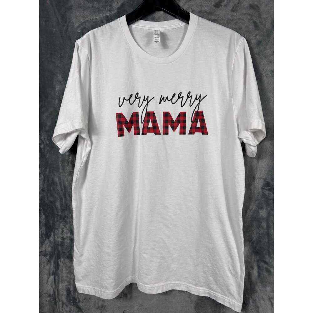 Very Merry Mama Graphic T-Shirt XL Bella+Canvas 100% Cotton White & Red Plaid